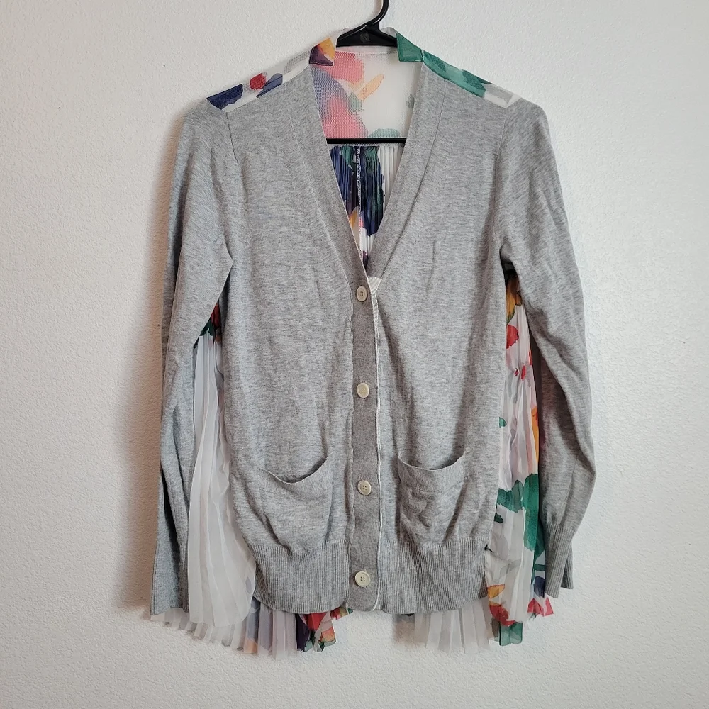 Sacai Designer Contrast Panel Pleated Flower Print Cardigan Size 2 - Picture 5 of 12
